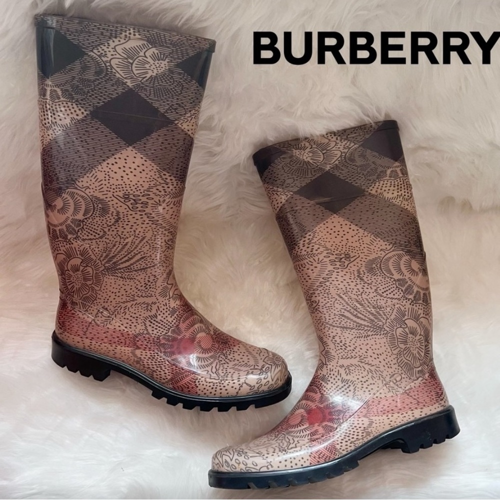 BURBERRY Floral Nova Check Tall Rain Boots